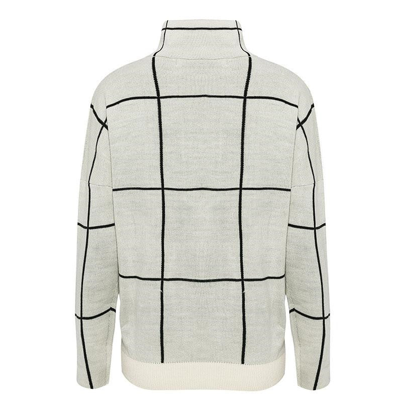 Stand Collar Checkered Knit Sweater