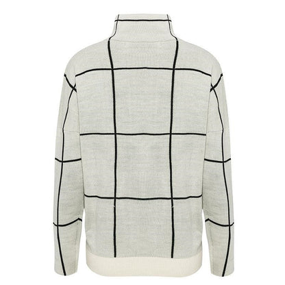 Stand Collar Checkered Knit Sweater