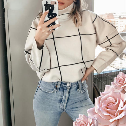 Stand Collar Checkered Knit Sweater