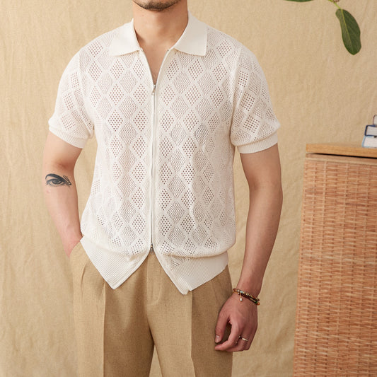 Moda Elite | Bawełniana koszulka polo z ażurowym zamkiem