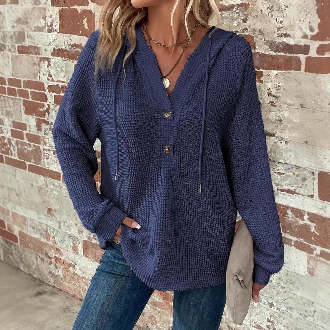 V-Neck Buttoned Casual Knit Pullover