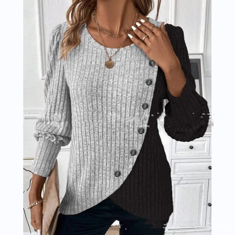 Two-Tone Buttoned Ribbed Knit Top
