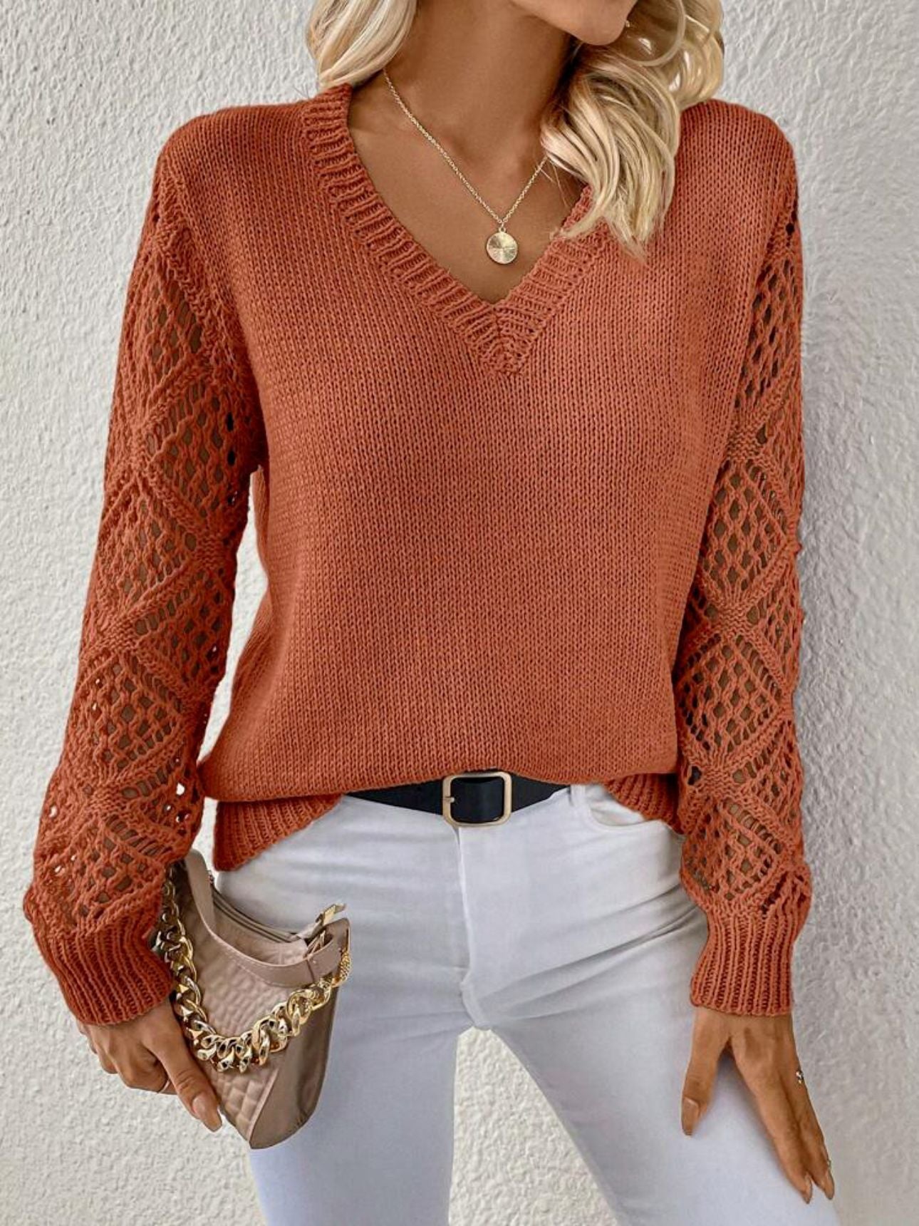Hollow Sleeve V-Neck Knit Pullover