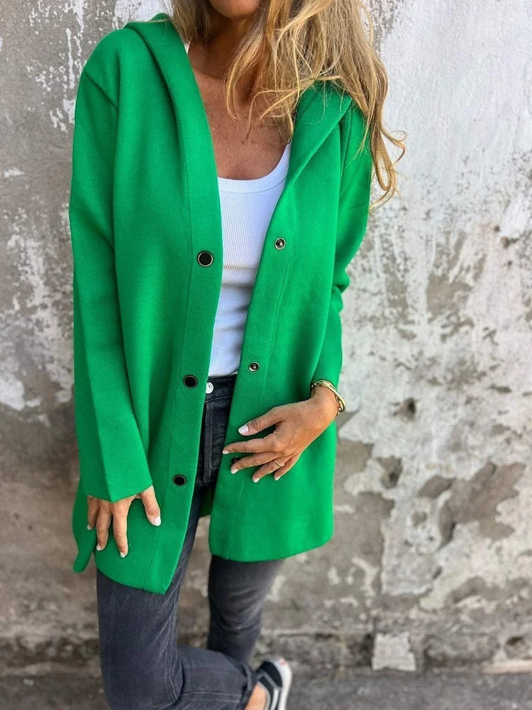 Loose Fit Hooded Solid Color Cardigan