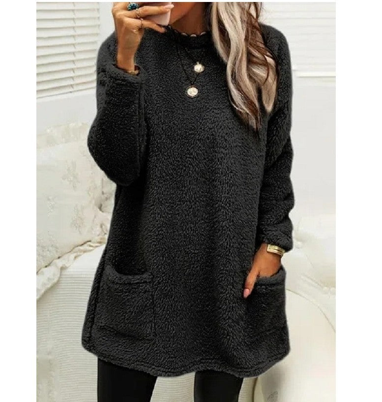Fleece Pullover Long Sweater with Pockets