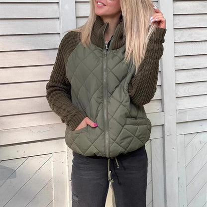 Stand Collar Quilted Knitted Jacket