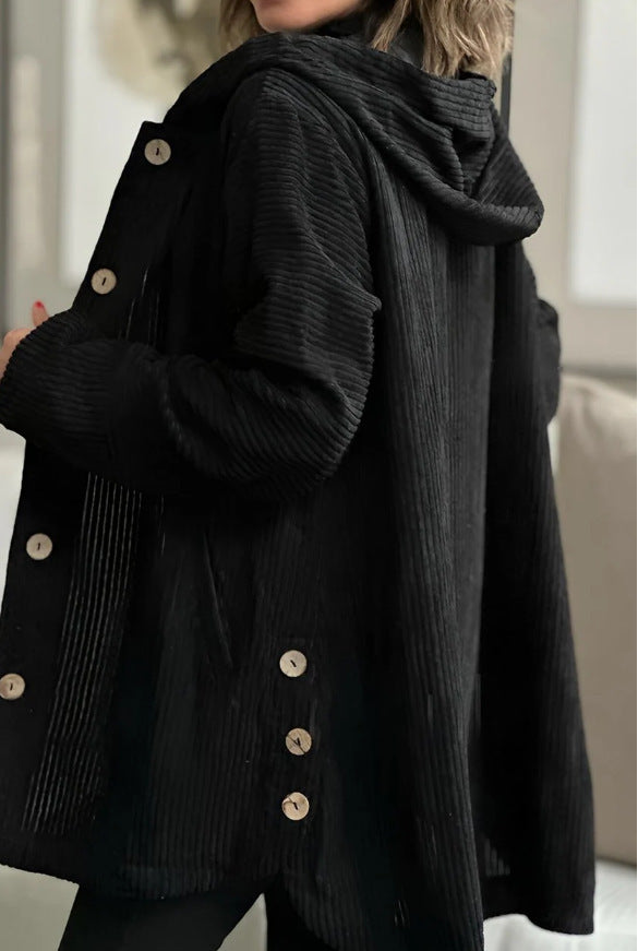 Hooded Corduroy Button-Up Casual Jacket