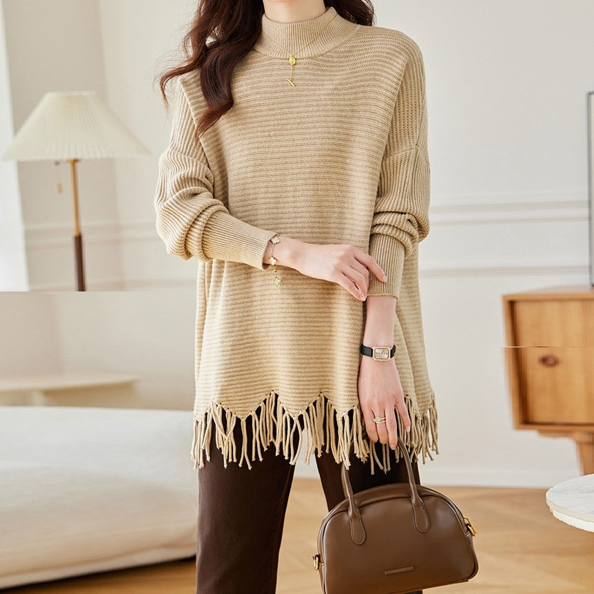 Half-Turtleneck Knit Sweater with Tassel Cape Hem