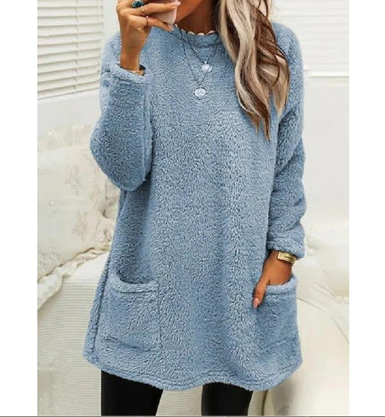 Fleece Pullover Long Sweater with Pockets