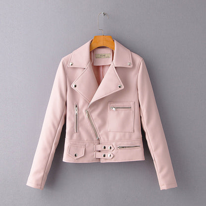 Lapel Zip-Up PU Leather Biker Jacket