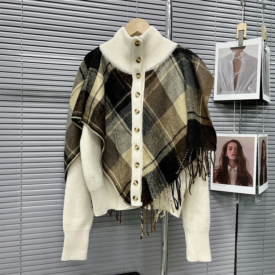 Turtleneck Plaid Tassel Shawl Knit Cardigan