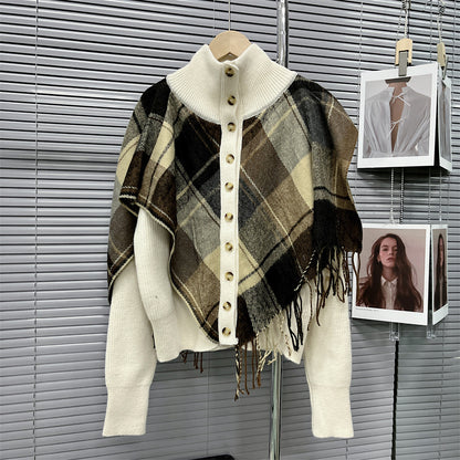 Turtleneck Plaid Tassel Shawl Knit Cardigan