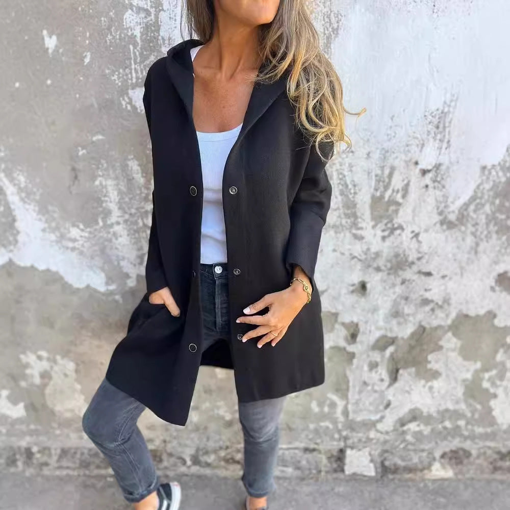 Loose Fit Hooded Solid Color Cardigan
