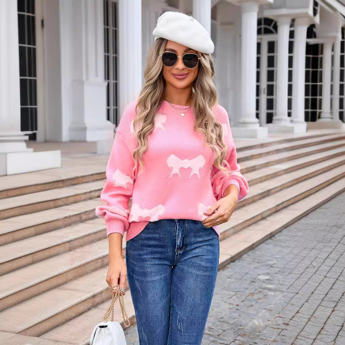 Round-Neck Bow Pattern Knit Sweater