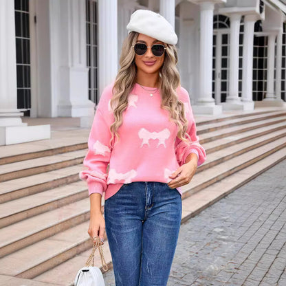 Round-Neck Bow Pattern Knit Sweater