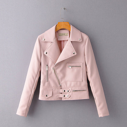 Lapel Zip-Up PU Leather Biker Jacket