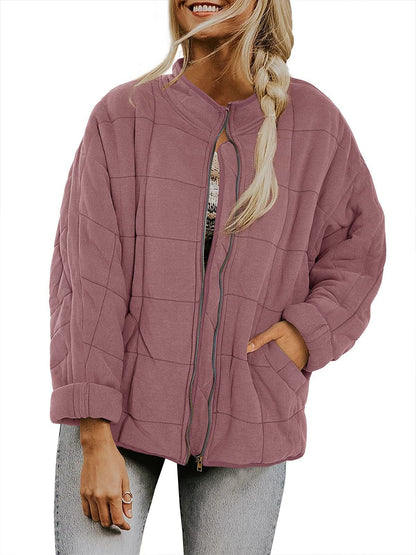 Solid Color Stand Collar Zip-Up Jacket