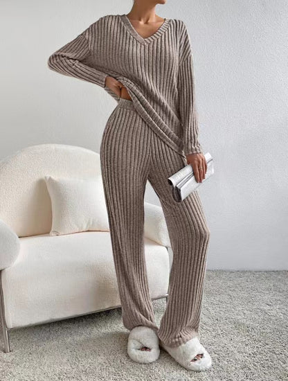 V-Neck Ribbed Knit Two-Piece Lounge Set