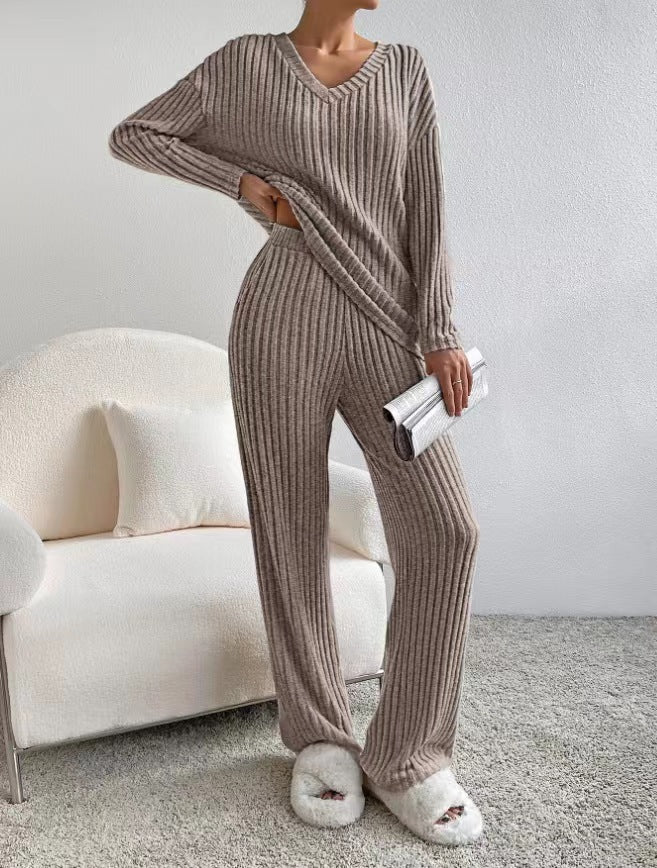 V-Neck Ribbed Knit Two-Piece Lounge Set