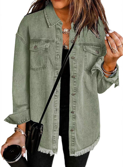 Frayed Hem Washed Denim Jacket