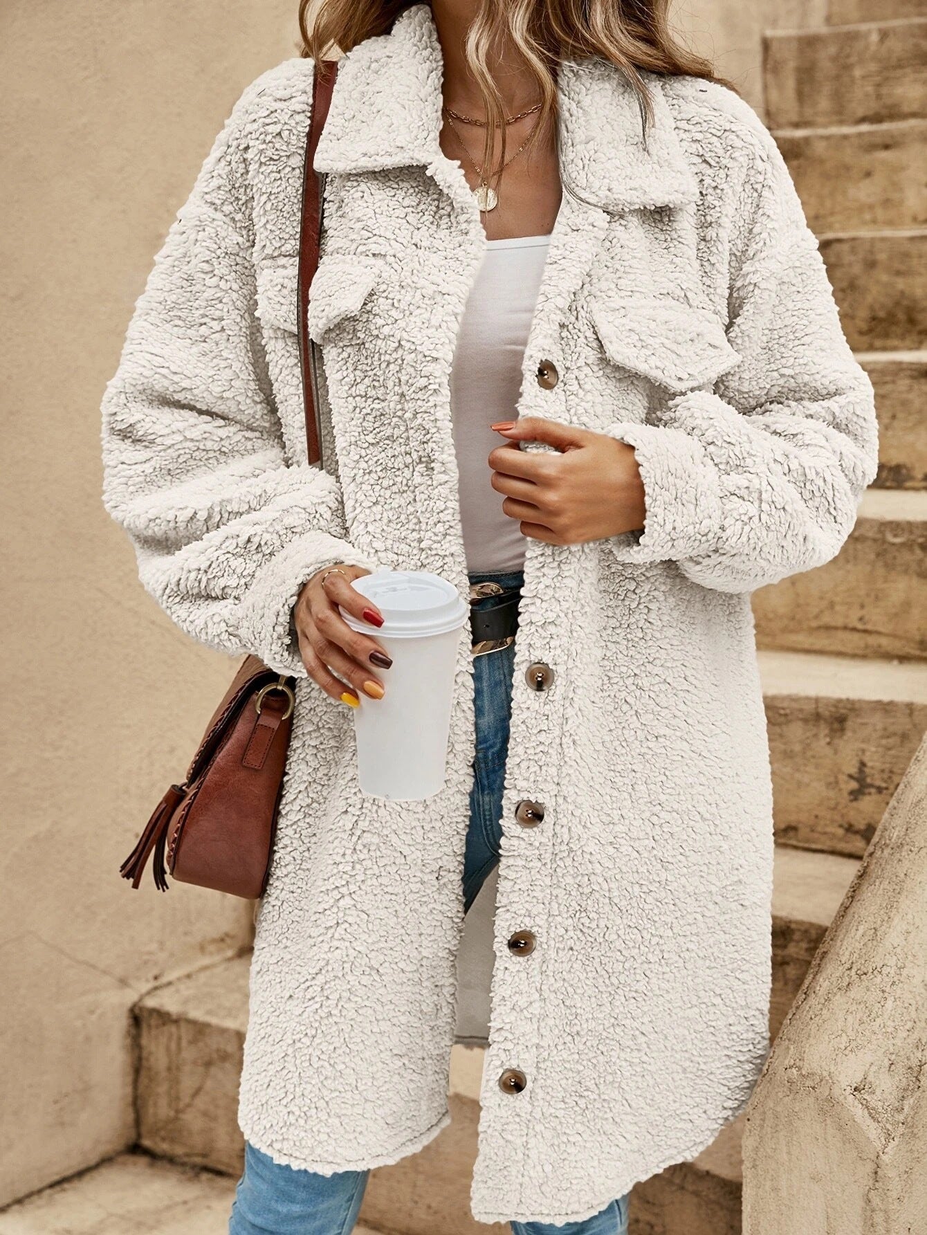 Women's Long Plush Button-Up Coat