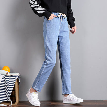 High-Waist Elastic Lace-Up Jeans