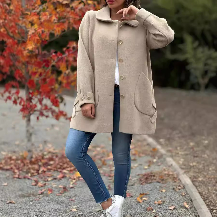 Woolen Bow Collar Casual Coat