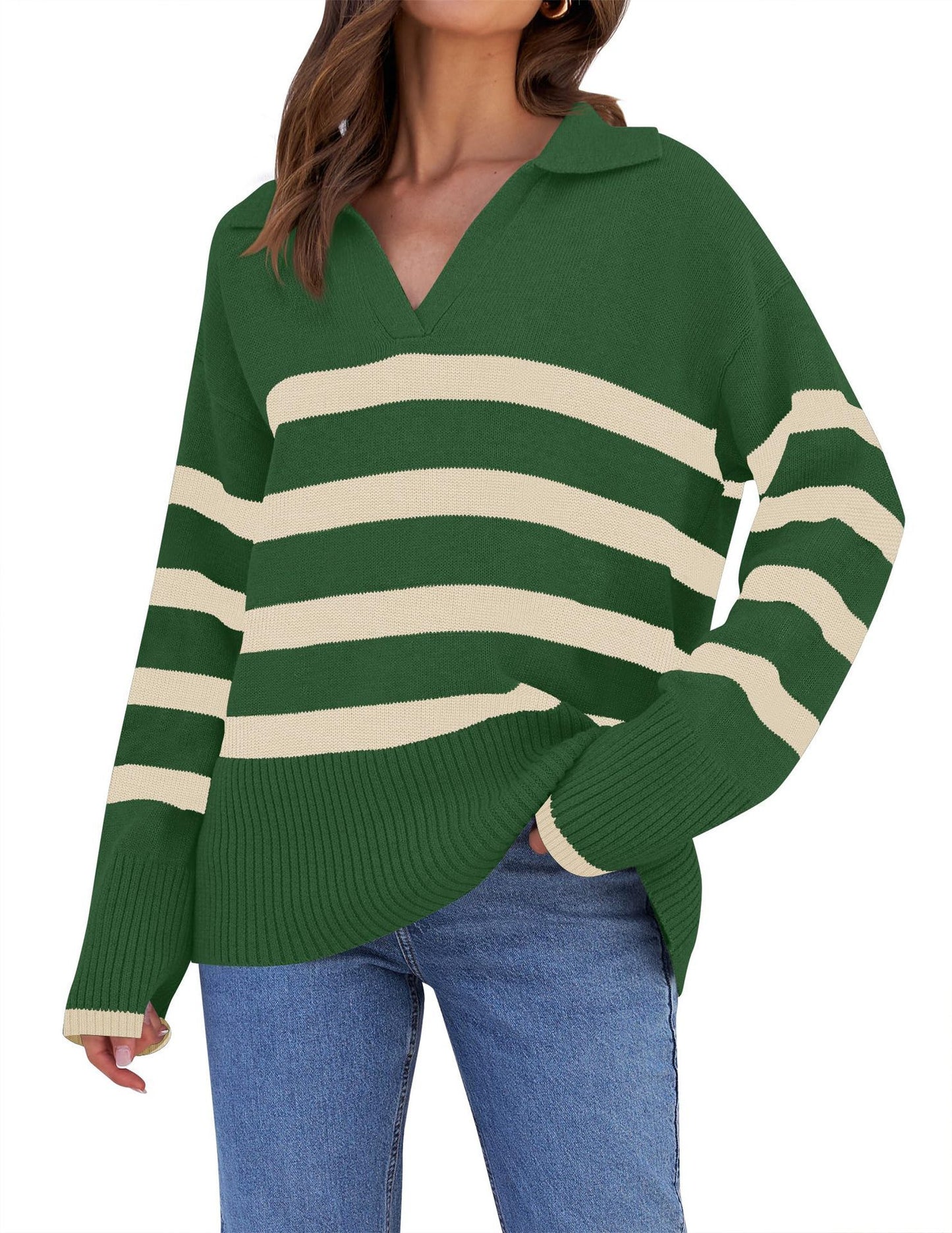 Loose Striped V-Neck Knit Sweater