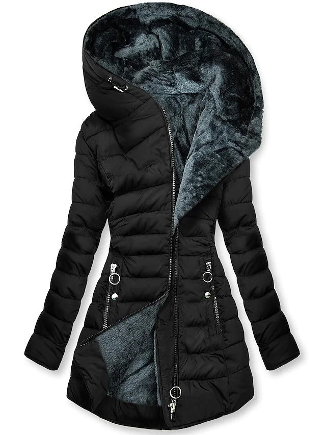 Plush Hooded Mid-Length Puffer Coat