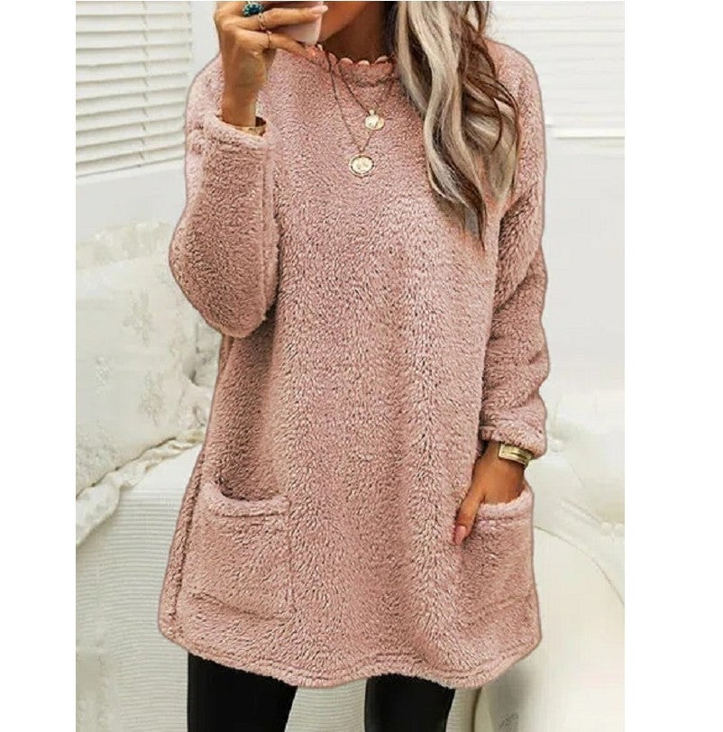 Fleece Pullover Long Sweater with Pockets