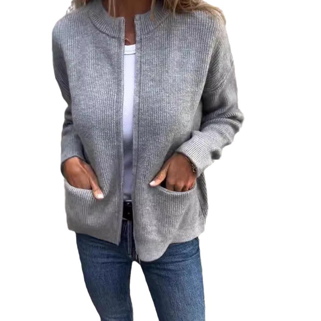 Solid Color Zipper Cardigan Coat