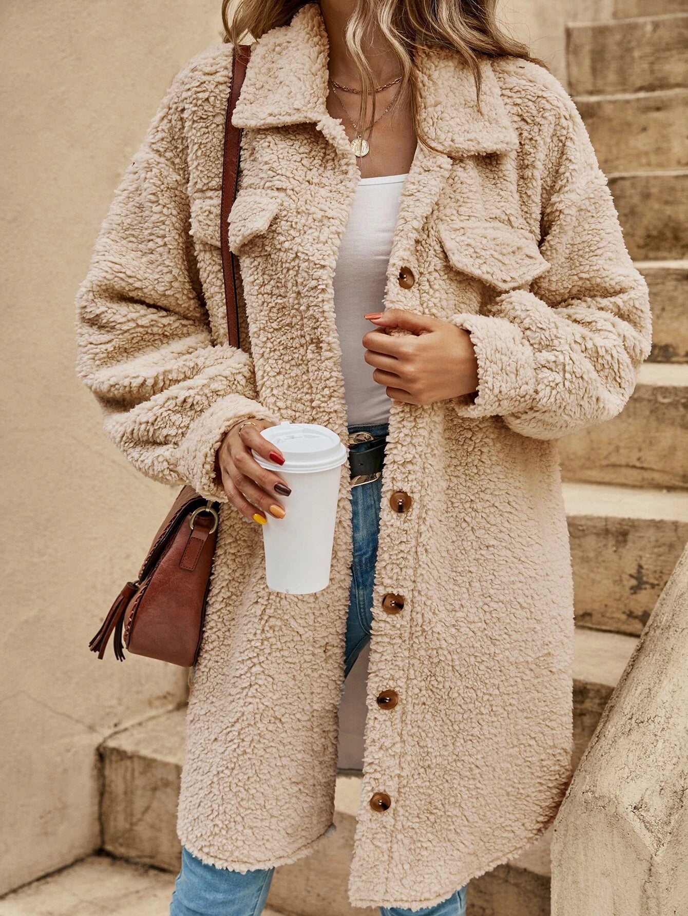 Women's Long Plush Button-Up Coat
