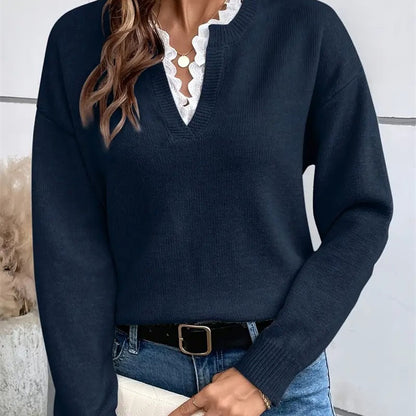 Lace-Trim V-Neck Elegance Sweater