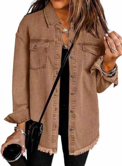 Frayed Hem Washed Denim Jacket