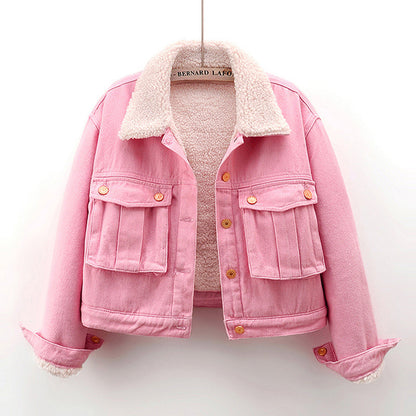 Thick Fleece-Lined Lamb Wool Denim Jacket