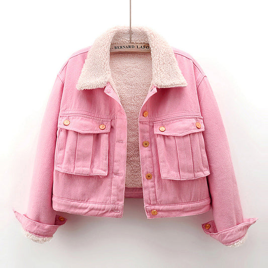 Thick Fleece-Lined Lamb Wool Denim Jacket