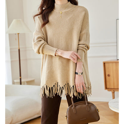 Half-Turtleneck Knit Sweater with Tassel Cape Hem
