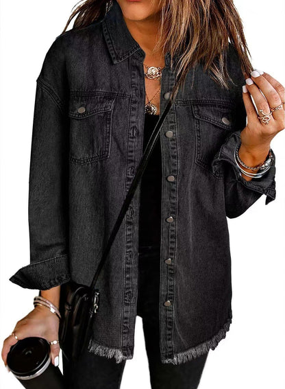 Frayed Hem Washed Denim Jacket