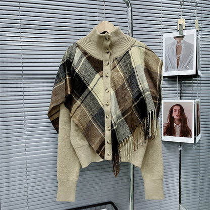 Turtleneck Plaid Tassel Shawl Knit Cardigan