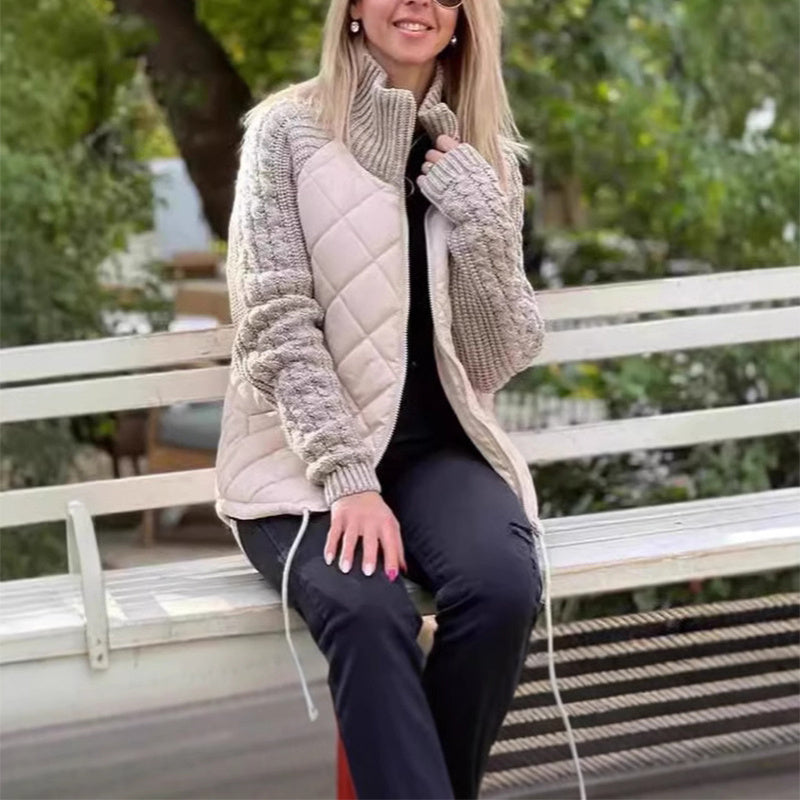 Stand Collar Quilted Knitted Jacket