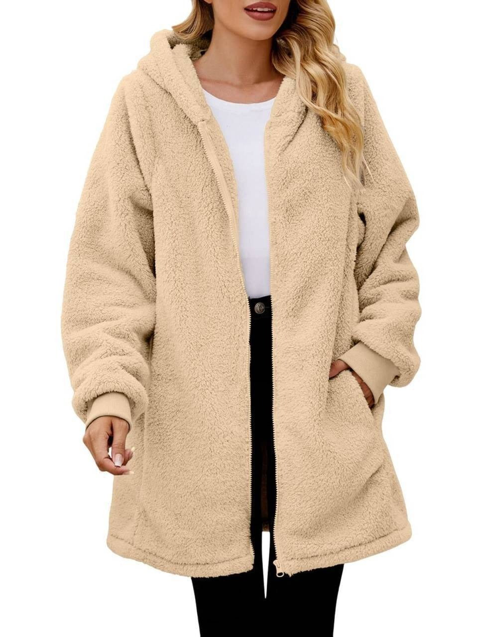 Plush Hooded Zip Cardigan Coat