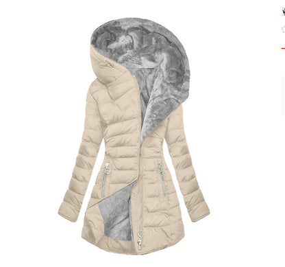 Plush Hooded Mid-Length Puffer Coat