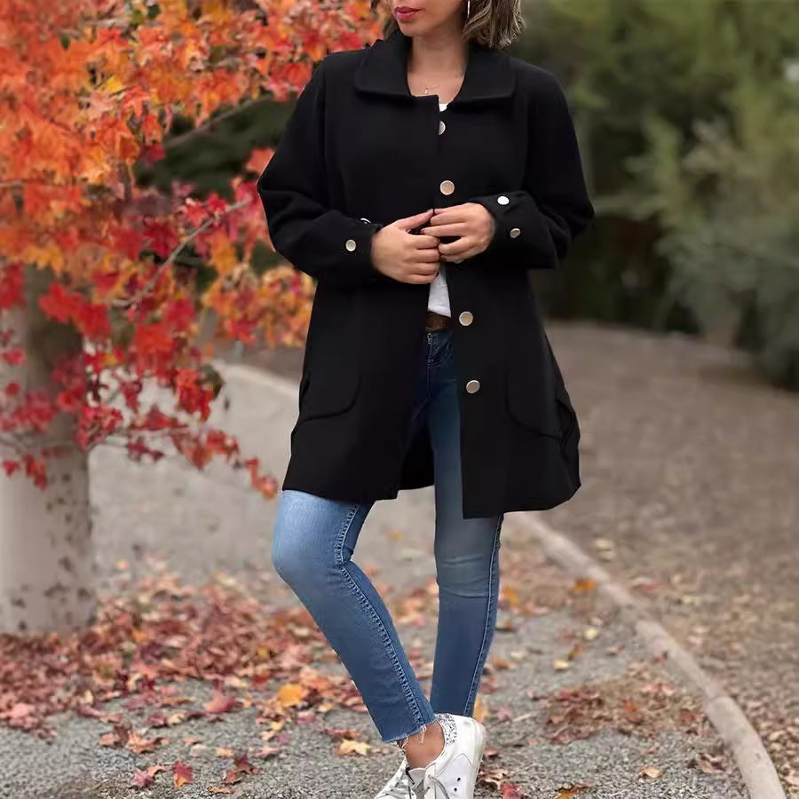 Woolen Bow Collar Casual Coat