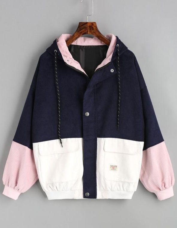 Colorblock Corduroy Hooded Baseball Jacket