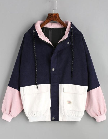 Colorblock Corduroy Hooded Baseball Jacket