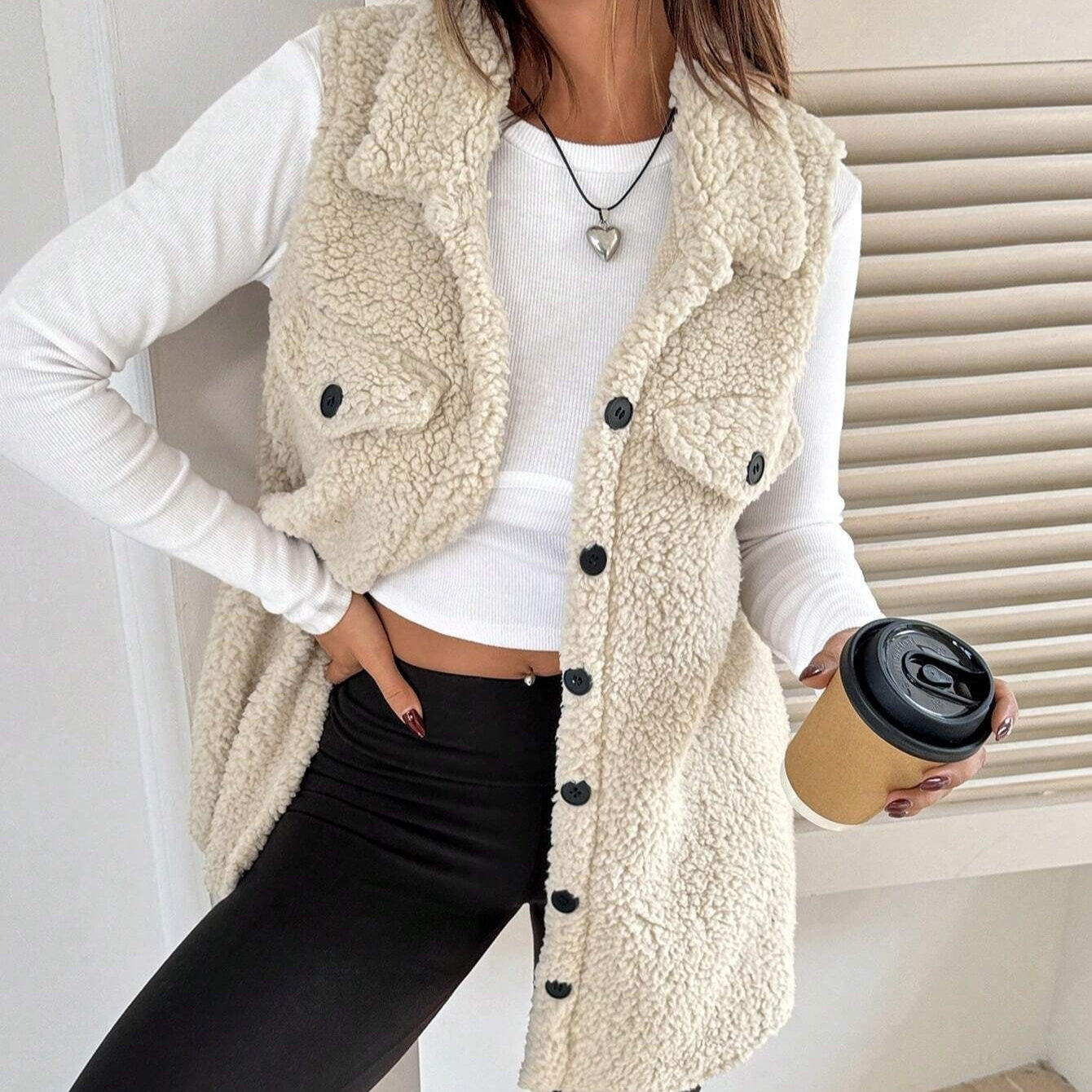 Lapel Open-Front Plush Vest Cardigan