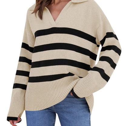 Loose Striped V-Neck Knit Sweater