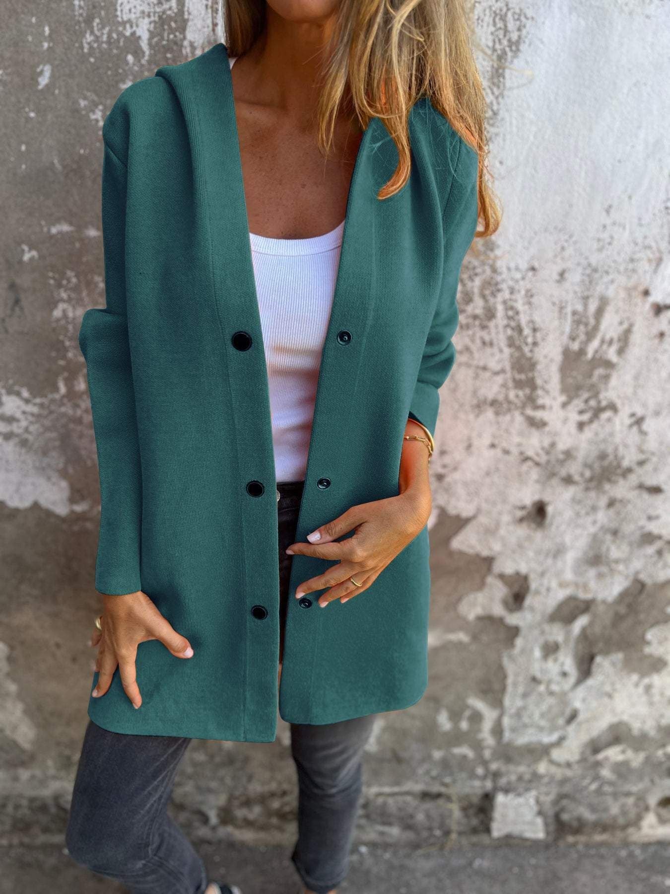 Loose Fit Hooded Solid Color Cardigan