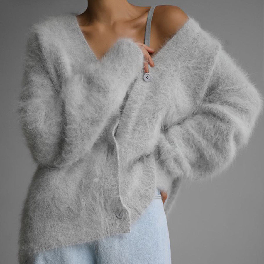 V-Neck Fuzzy Button Cardigan