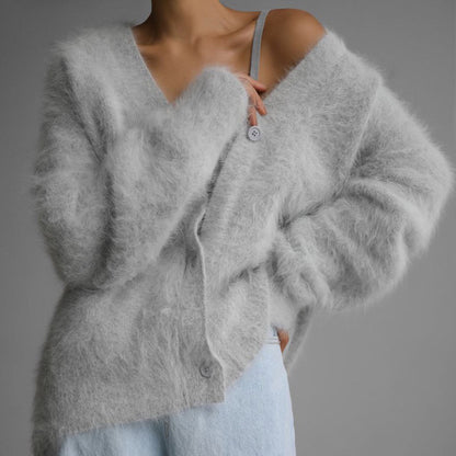 V-Neck Fuzzy Button Cardigan